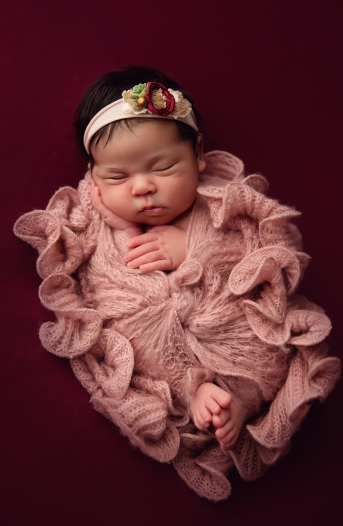 newborn girl wrapped in pink portrait